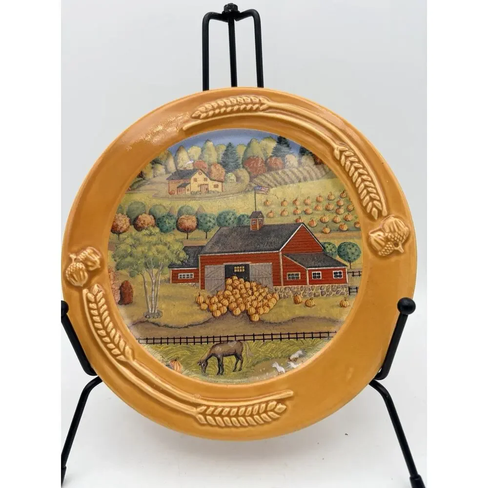 Ceramic Decorative trivet Farm Scene Pumpkin Patch Brown Multicolor Round Glossy